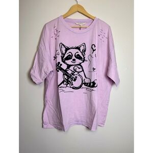 Blue Velvet Lavender Raccoon Cello Graphic Tee Distressed Oversized Shirt L